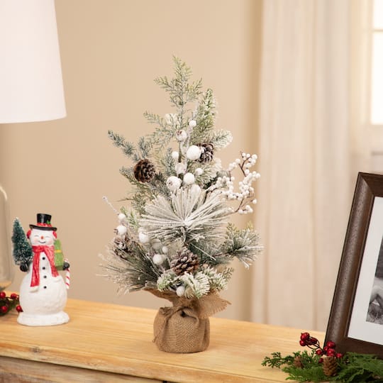 Northlight 20" Unlit Flocked & Frosted Mixed Foliage Artificial Christmas Tree in Burlap Base